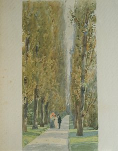 Giuseppe Verdi in gesprek met vrienden langs de met bomen omzoomde laan bij zijn villa in Sant