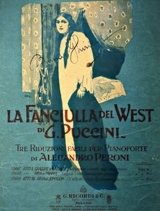 Titelpagina door Leopoldo Metlicovitz (1868-1944) van een pianoreductie door Alessandro Peroni voor de opera La fanciulla del West (Het meisje van het gouden westen), door Giacomo Puccini (1858-1924)