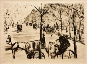 Laan in het Tiergarten met koets op de voorgrond door Lesser Ury