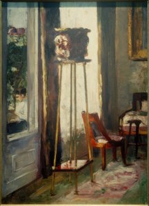 Interieur (Interieurscène en lezende vrouw) door Lesser Ury