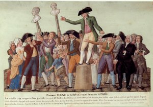 Eerste scène van de Franse revolutie in Parijs: op 12/07/1789, na het ontslag van koning Jacques Necker, riep Camille Desmoulins de menigte op tot opstand tegen de regering bij het Palais Royal. De bustes van Jacques Necker en Louis Phil door Lesueur Brothers