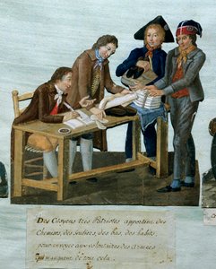 Franse Revolutie: Burgers brengen hemden, schoenen, kousen, kleding om naar vrijwilligers te sturen. Gravure van de gebroeders Lesueur (18e eeuw). 18e eeuw. Parijs, Musee Carnavalet