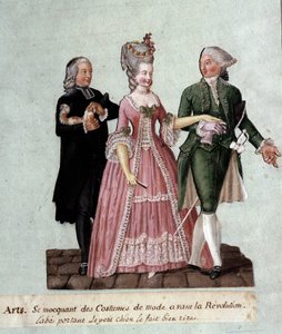 Franse Revolutie: Kostuums van voor de Revolutie. Weergave van de kostuums van een abt met een kleine hond en twee edelen. Gouache van de gebroeders Lesueur (18e eeuw) Musee Carnavalet, Parijs