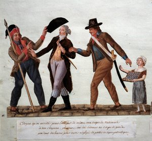 Franse Revolutie: burger gearresteerd om hem te dwingen een nationale kokarde op zijn hoed te zetten