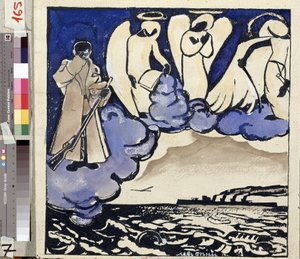 De Oorlog. Rusland. 1914. Allegorie van de Eerste Wereldoorlog. Een soldaat en engelen. Pen en gouache van Lev Bruni door Lev Aleksandrovitc Bruni
