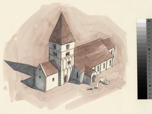 Reconstructietekening van de Sint-Pieterskerk tijdens de Normandische periode (aquarel op papier) door Liam Wales