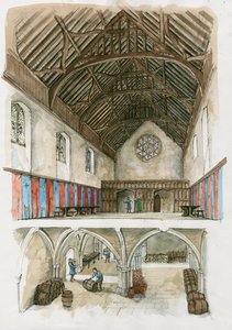 Reconstructie van Winchester Palace uit de middeleeuwen (aquarel op papier) door Liam Wales