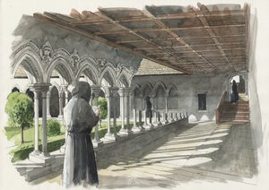 Reconstructie van het klooster van de Priorij van Lanercost (aquarel op papier) door Liam Wales