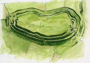 Overblijfselen van Maiden Castle (aquarel op papier) door Liam Wales