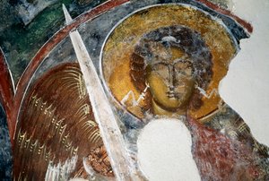 Aartsengel Michaël, fresco in een Byzantijnse kerk in de ruïnes van het kasteel van Geraki