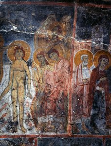 Christus, Madonna en Heiligen, fresco in klooster van Agios Georgios, Diavaide, Kreta, Griekenland door Unbekannt Unbekannt
