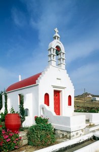 Kerk op eiland Mykonos, Cycladen, Griekenland