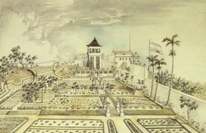 Nederlands huis met omheinde tuin op Java-eiland, Indonesië, gravure door Unbekannt Unbekannt