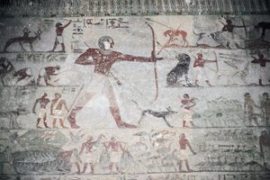 Egypte, Necropolis van Beni Hasan, graf van Khnumhotep III, muurschildering die jachtscène uitbeeldt