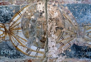 Gezicht van Christus, beschadigde fresco in de kerk van Metamorphosis Sotiros, Voutas, Kreta, Griekenland door Unbekannt Unbekannt
