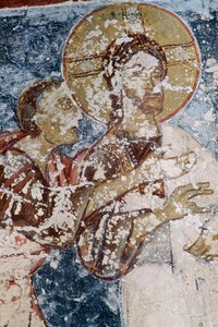 Jezus, fresco in Byzantijnse kerk van Agios Georgios, Vathi, Kreta, Griekenland (foto) door Unbekannt Unbekannt