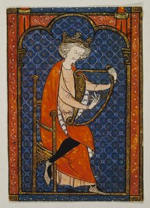 Koning David speelt harp, miniatuur uit manuscript in Hebreeuwse taal