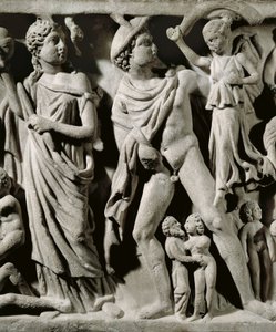 Marmeren sarcofaag, Reliëf dat de mythe van Prometheus uitbeeldt, Detail, Hermes en een van de Parcae of Schikgodinnen, Uit Arles