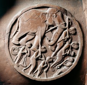 Medallion met apen en olifanten, reliëf van Stupa van Bharhut, boeddhistisch monument, Madhya Pradesh, India, Indiase beschaving, 2e eeuw v.Chr. door Unbekannt Unbekannt