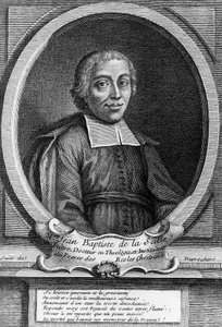 Portret van Sint Jan Baptist de La Salle (1651-1719), Franse priester, onderwijsvernieuwer en oprichter van het Instituut van de Broeders van de Christelijke Scholen, gravure door Unbekannt Unbekannt