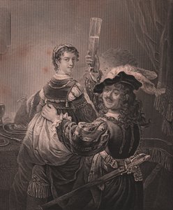 Rembrandt met zijn vrouw Saskia, gravure H Payne naar schilderij van Rembrandt, uit Payne