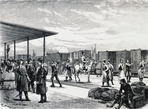 Russisch militair konvooi in station Bustiu, op de spoorlijn Boekarest-Galati, Russisch-Turkse oorlog, gravure, Roemenië door Unbekannt Unbekannt