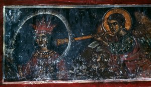 Heilige die de hoorn bespeelt, fresco in de kerk van Agios Ioannis Prodromos, Margarites, Kreta, Griekenland door Unbekannt Unbekannt