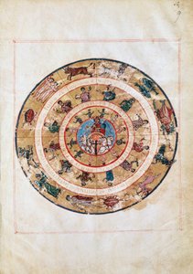 De zonnewagen en de tekens van de dierenriem, miniatuur uit een vroegmiddeleeuws manuscript, astronomische tabel door Ptolemaeus (ca. 100-175), Hellenistische beschaving