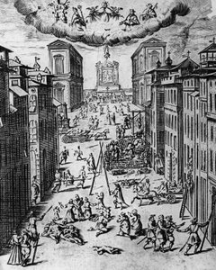 De pest in Milaan in 1630, ets, Italië door Unbekannt Unbekannt