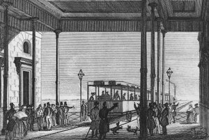 Trein vertrekt van Venezia Santa Lucia treinstation, Venetië, Italië, gravure door Unbekannt Unbekannt
