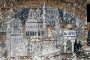 Uitzicht op klooster, fresco in het Ikosifinissis klooster, nabij Serres, Griekenland