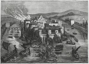 Vikingen belegeren Parijs in 845 (gravure)