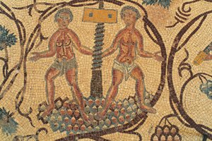 Wijnpers, detail van vloermozaïek met scènes uit het dagelijks leven, Kerk van de Heiligen Lot en Procopius, Nebo, Khirbet al-Mukhayyat, Jordanië, Byzantijnse beschaving, 6e eeuw na Christus