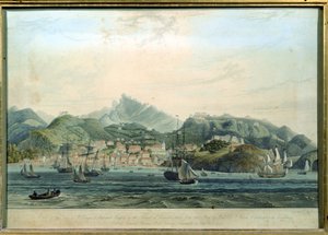 Een uitzicht op de stad St. George en Richmond Heights op het eiland Grenada, gegraveerd door William Daniell