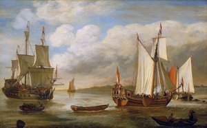 Verscheidenheid aan Nederlandse boten: zeilboten, schepen en schuiten. Olie op doek door Lieve Pietersz Verschuier (1630-1686). door Lieve Verschuier