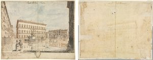 Achttien Zichten op Rome: Het Piazza Farnese (recto); Cartouche (verso)