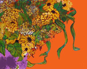 Bloemen in mijn vaas, 2014 (gemengd, acryl, inkt, olie) door linda arthurs