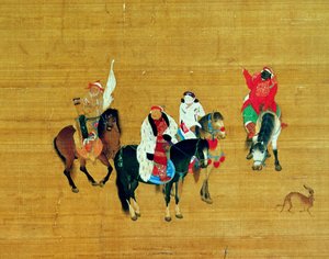 Kublai Khan (1214-94) op jacht, Yuan-dynastie (inkt en kleur op zijde) (detail)