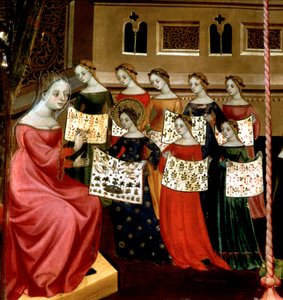 De Maagd Maria met haar klasgenoten die naaiwerkjes aan hun leraar tonen (detail)