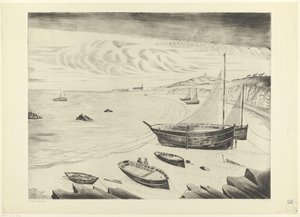 Acht afgemeerde schepen op een strand door Lodewijk Schelfhout (signed by artist)