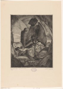 Boom in een heuvellandschap met meer door Lodewijk Schelfhout (signed by artist)