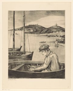 Visser in een afgemeerd schip door Lodewijk Schelfhout (signed by artist)