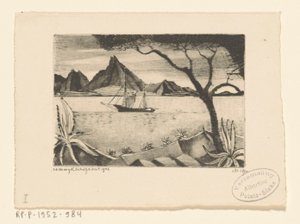 Zeilschip in een baai door Lodewijk Schelfhout (signed by artist)