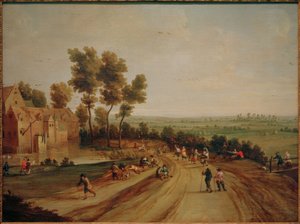 Landschap met dansende en rustende boeren