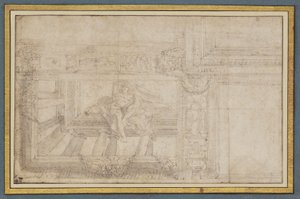 Ignudo, naar een plafondfresco in de Sala di Ulisse, Palazzo Poggi, Bologna door Lodovico Carracci