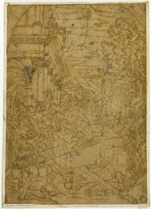 Sint Benedictus beweegt de steen die een demon onbeweeglijk had gemaakt door Lodovico Carracci