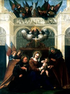 Heilige Familie met Sint Nicolaas van Tolentino door Lodovico Mazzolini