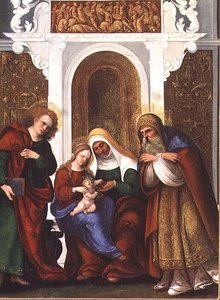 Madonna en Kind met de heiligen Anna, Johannes de Evangelist en Zacharias of Madonna en Sint Anna van de Kersen door Lodovico Mazzolino