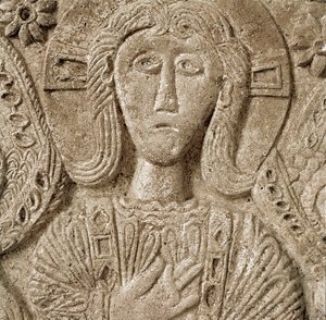 Archeologie van de Middeleeuwen. Barbaarse kunst van Lombardije: detail van Christus, laag reliëf van het altaar van Hertog Rachis. Beeldhouwwerk, Lombardische kunst, 737-744 door Lombard School