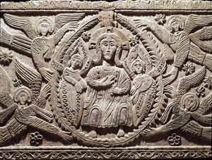 Lombardische kunst: Christus in glorie, laag reliëf van het altaar van Hertog Rachis (Ratchis of Ratgis) - Beeldhouwwerk, Lombardische kunst, 737-744 Cividale del Friuli, Chretien Museum, schat van de kathedraal door Lombard School